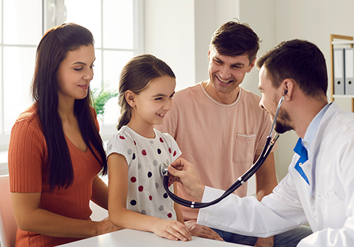 Mother, father, daughter, and a doctor at an appointment measuring breathing. medical insurance for a family