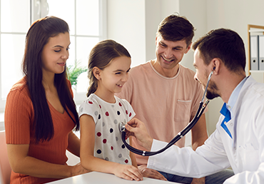 Mother, father, daughter, and a doctor at an appointment measuring breathing. medical insurance for a family