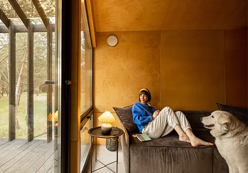 Woman reads a book while sitting relaxed on a couch by the window with her dog at wooden cottage in forest.