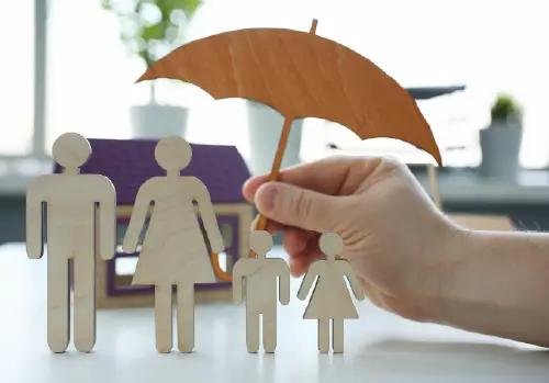 family wooden and umbrella providing coverage and protection